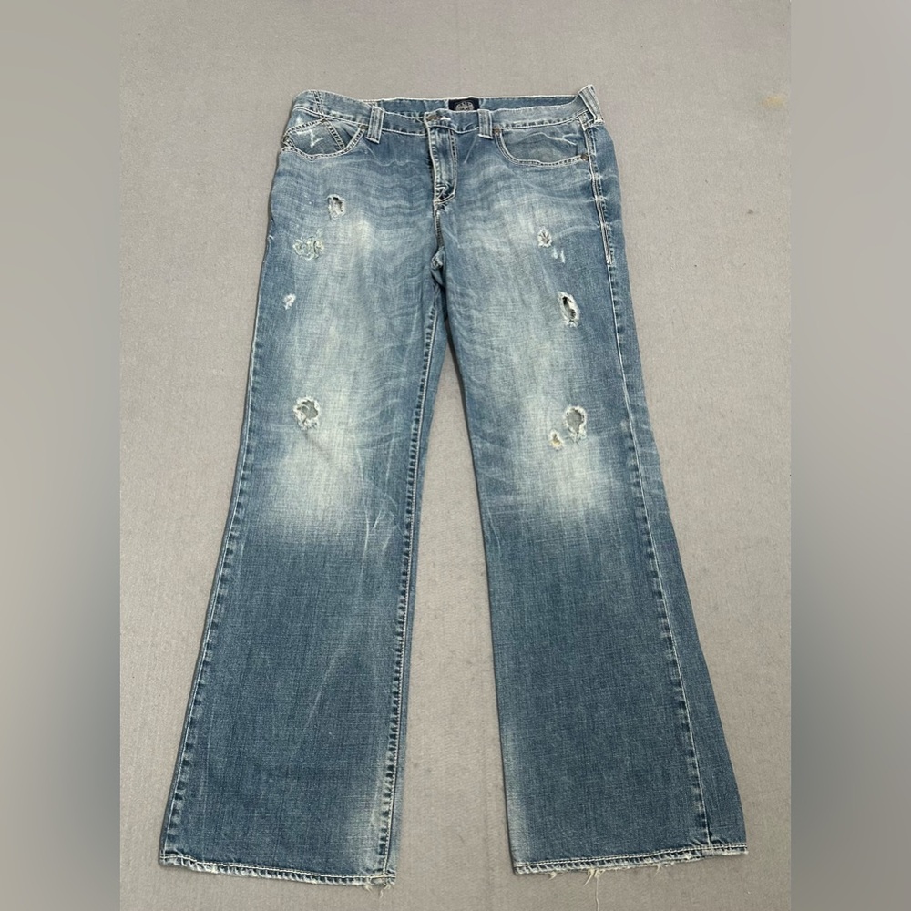 Rock & Republic Light Blue Flare Jeans with Distressed Details 38 x 34
